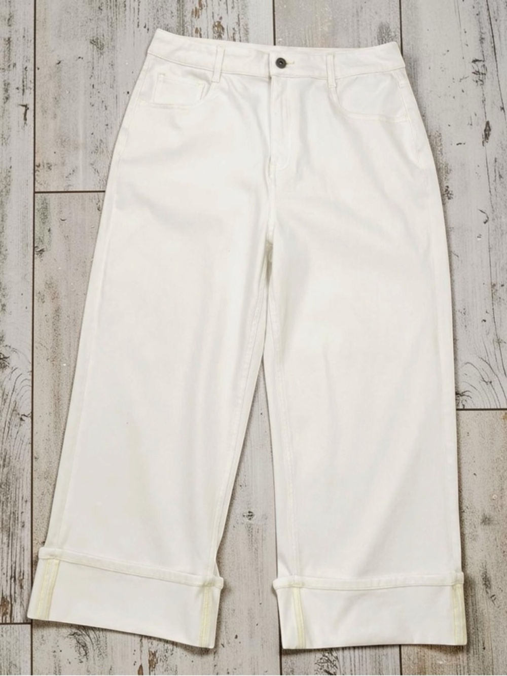 Halara Cream Wide Leg High Rise Stretch Cropped Cuffed Casual Chic Lg Petite